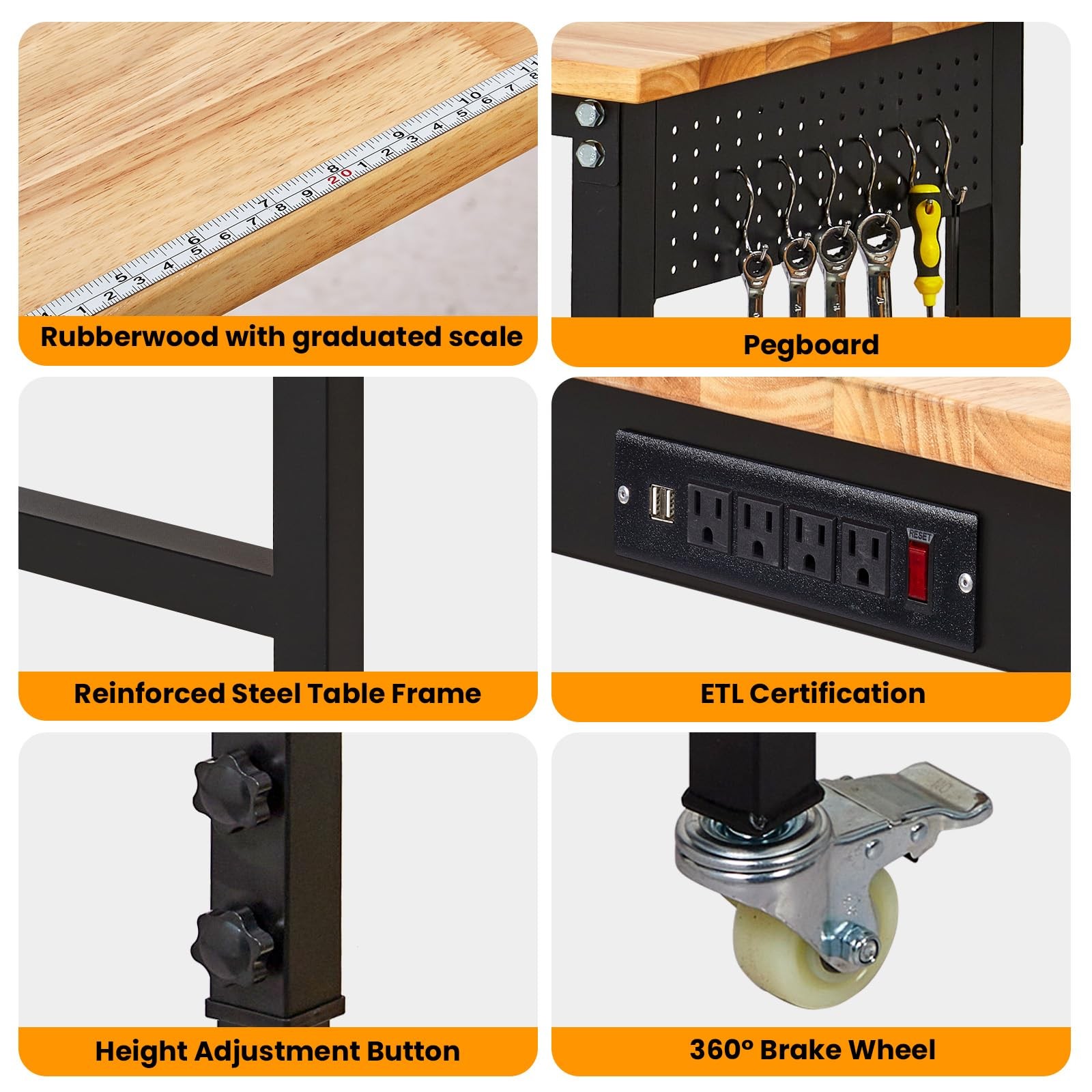 Adjustable Height Workbench 48"x24" Work Bench Table 2000 Lbs with Power Outlet