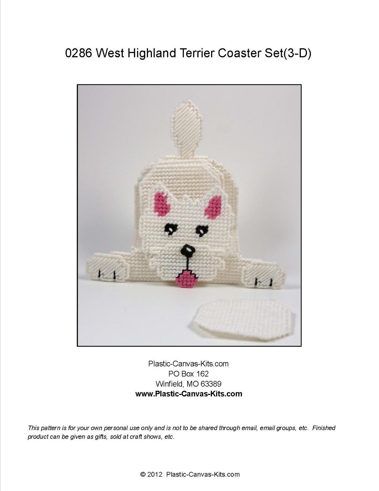 3-D West Highland Terrier-Westie Dog- Coaster Set-Plastic Canvas Pattern or Kit