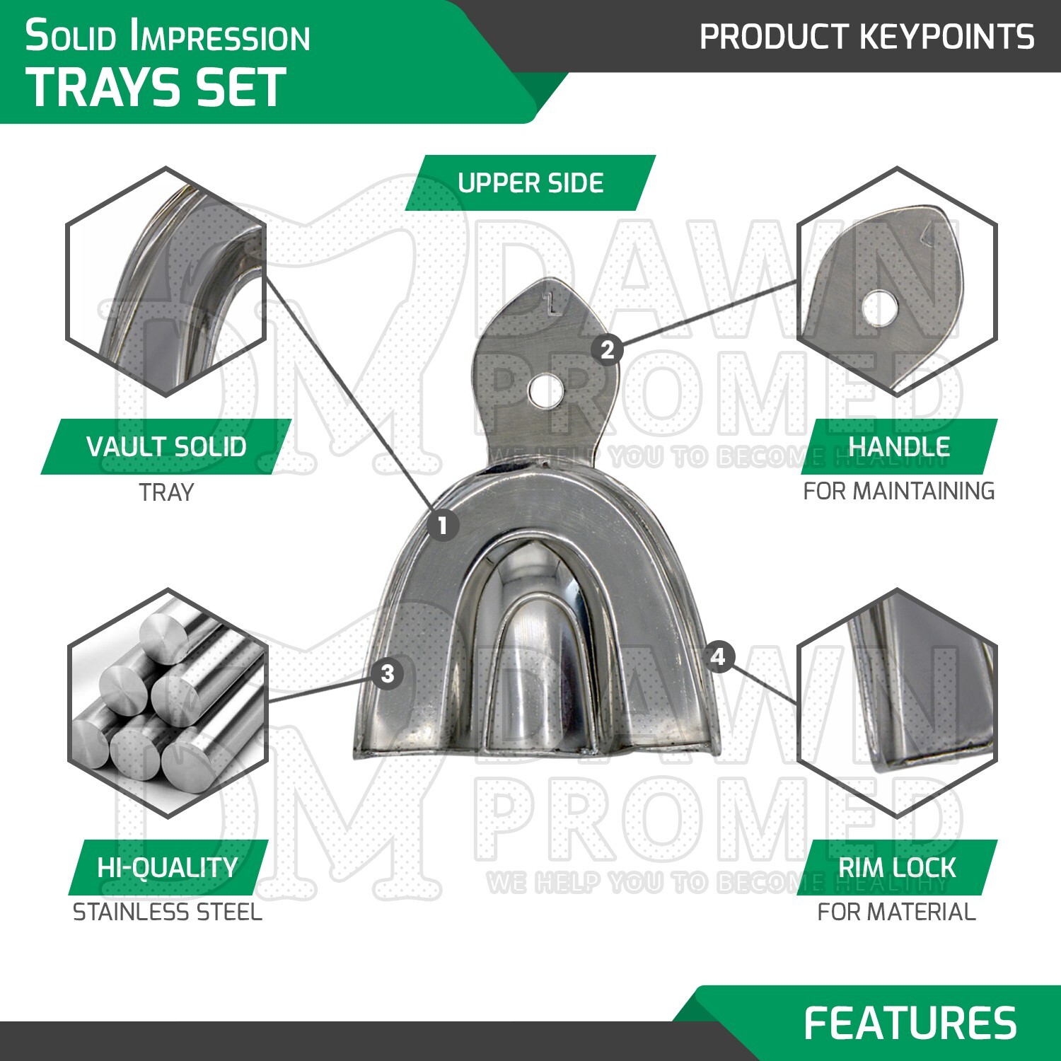 10 Pcs Solid Metal Dental Impression Trays set Upper & Lower Denture Instruments