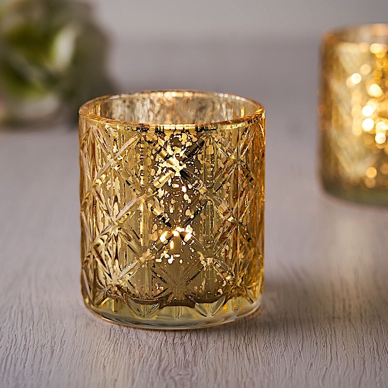 6 pcs Gold Mercury Glass Votive Candle Holders Geometric Design Wedding