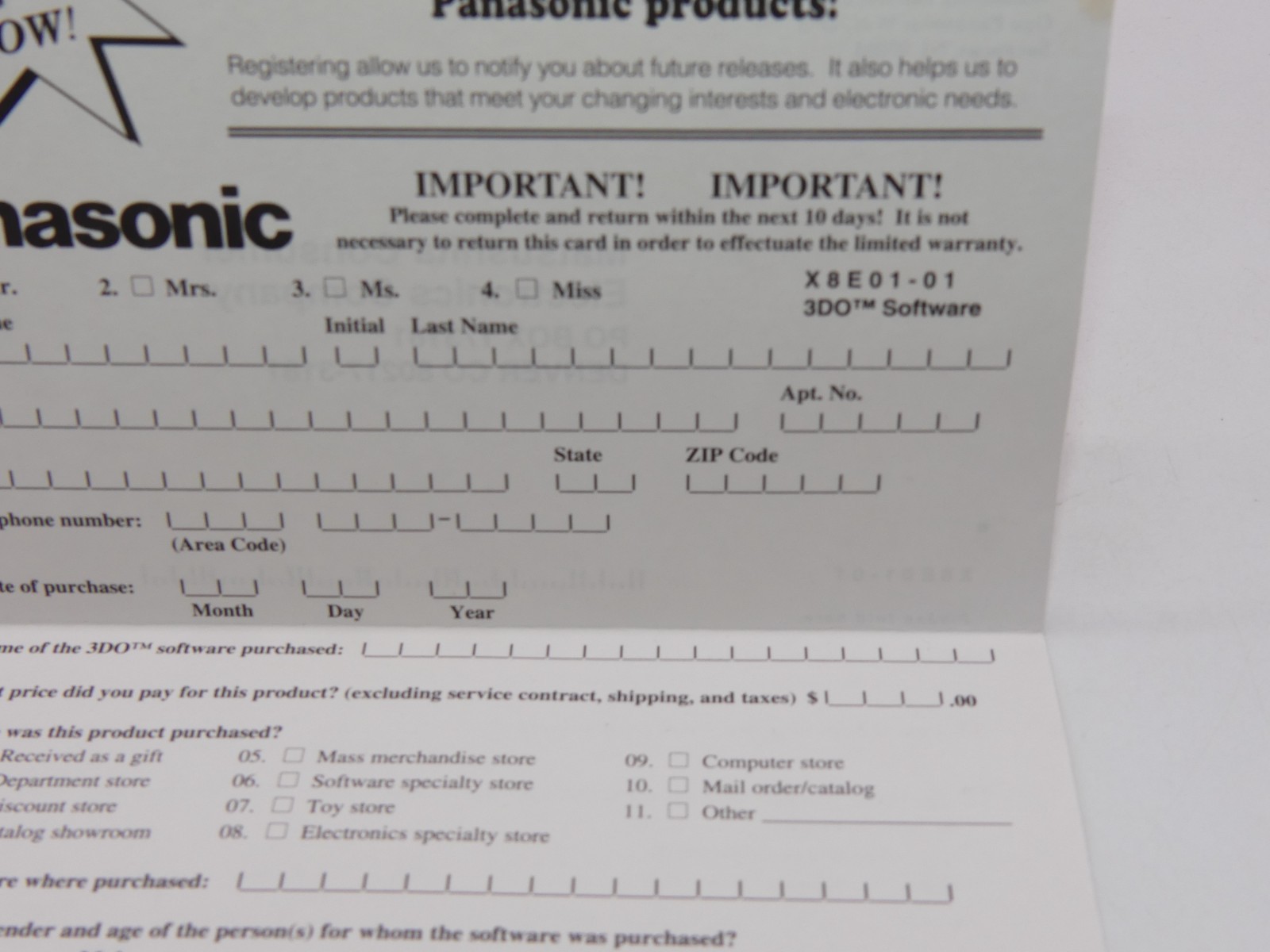 1995 Panasonic 3DO Software Registration Card Only Game Insert Matsushita
