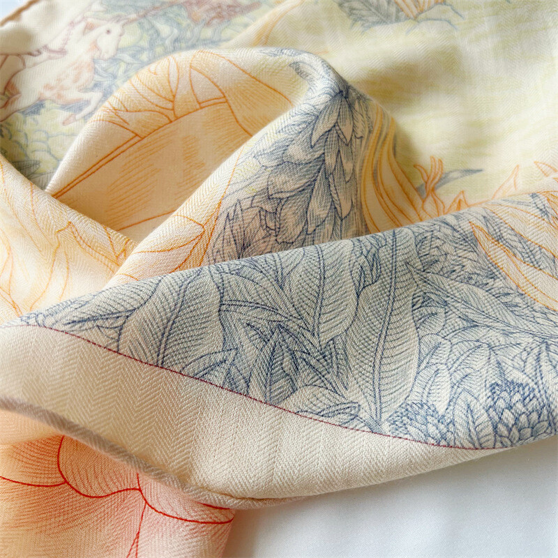 Pure 70% Cashmere 30% Silk Wrap Scarf Garden Flowers Double Face Print Shawl 53"