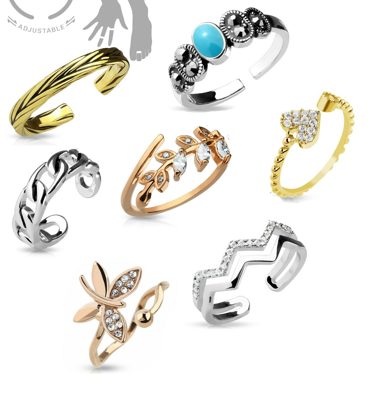 Rhodium Plated Adjustable Mid Ring Toe Ring Linked Tribal Braided Maze Paved