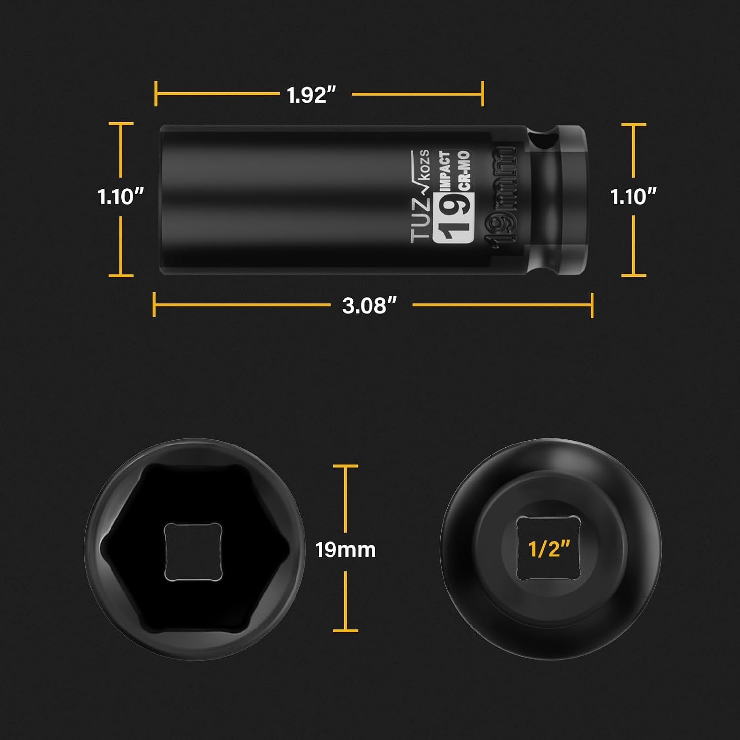 19mm Deep CR-MO Impact Socket - 1/2 Inch Drive 6-Point Design for Maximum Grip
