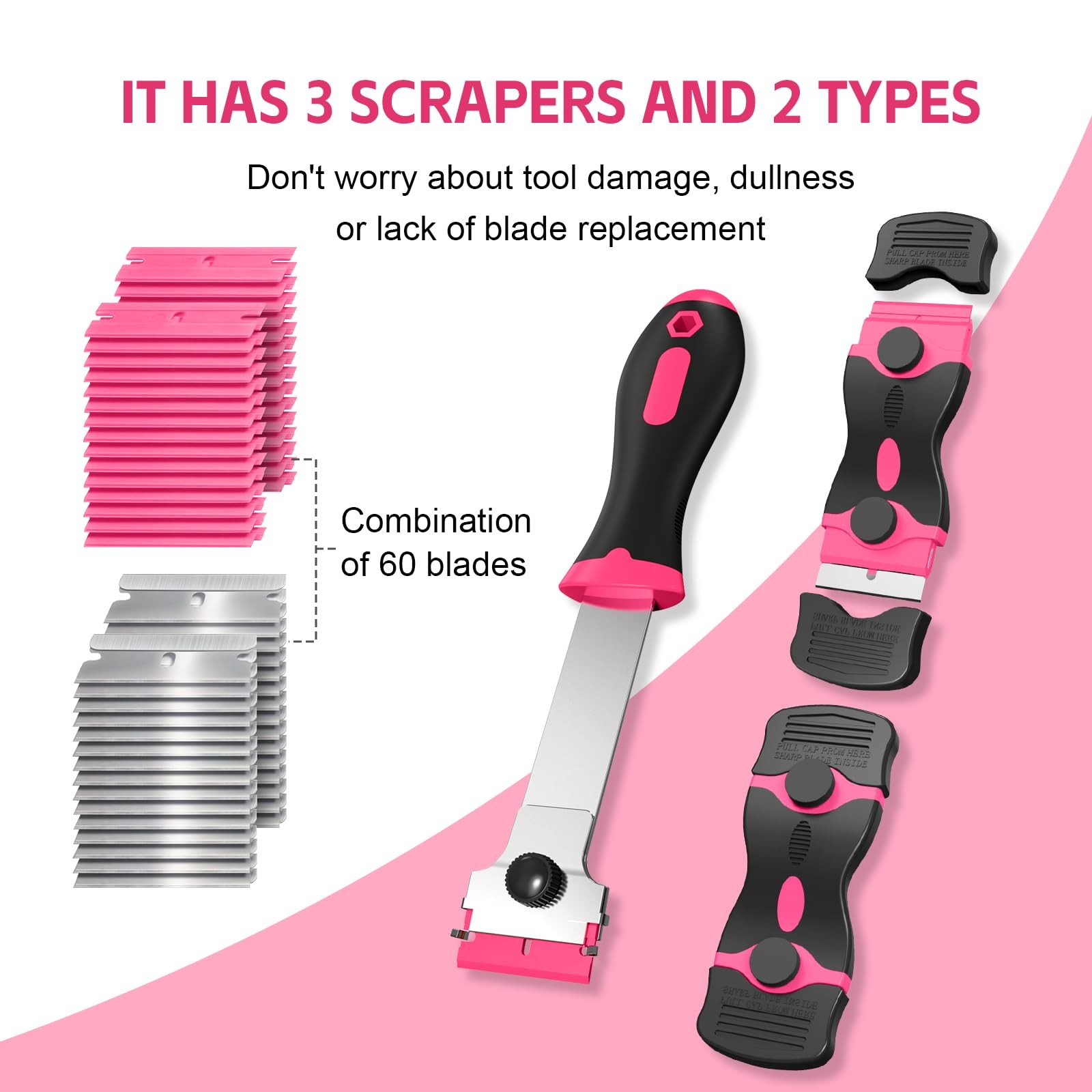 Ywmoml 3 Pack Razor Blade Scraper Set, Includes 30 Plastic & 30 Metal Pink