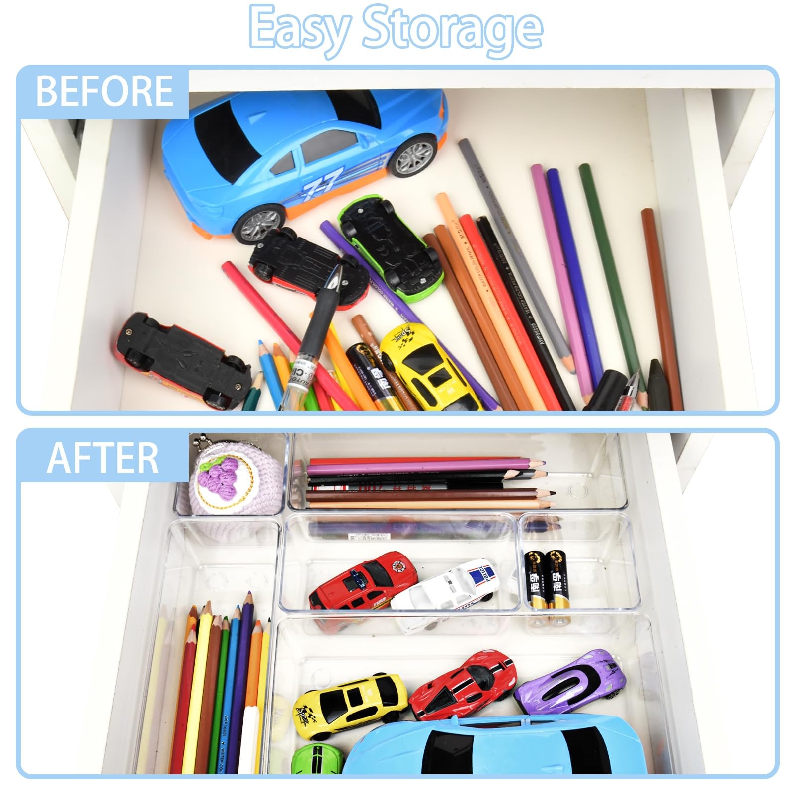 Clear Plastic Drawer Organizers Set of 15, 4 Sizes for Kitchen & Office