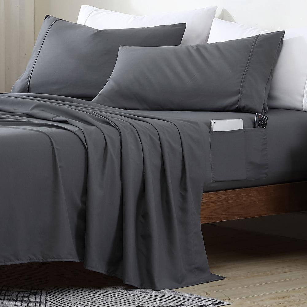 Full Size Microfiber Sheet Set with 8 In. Double Storage Side Pockets, Grey Free