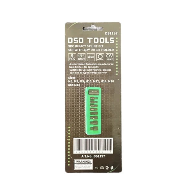 9pc Impact Spline Bit Set With 1/2″ Dr Bit Holder DS1197
