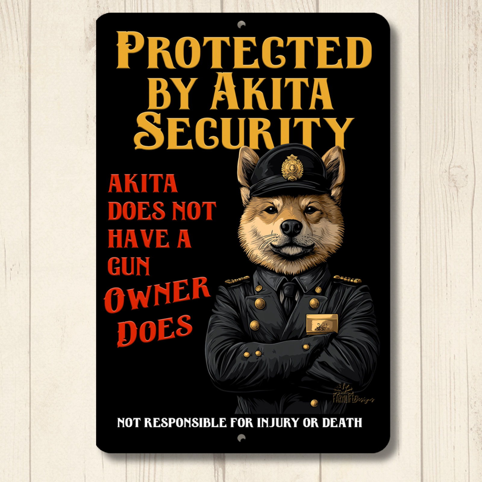 Akita Security Sign protected by dog metal handmade outdoor yard art guard tin