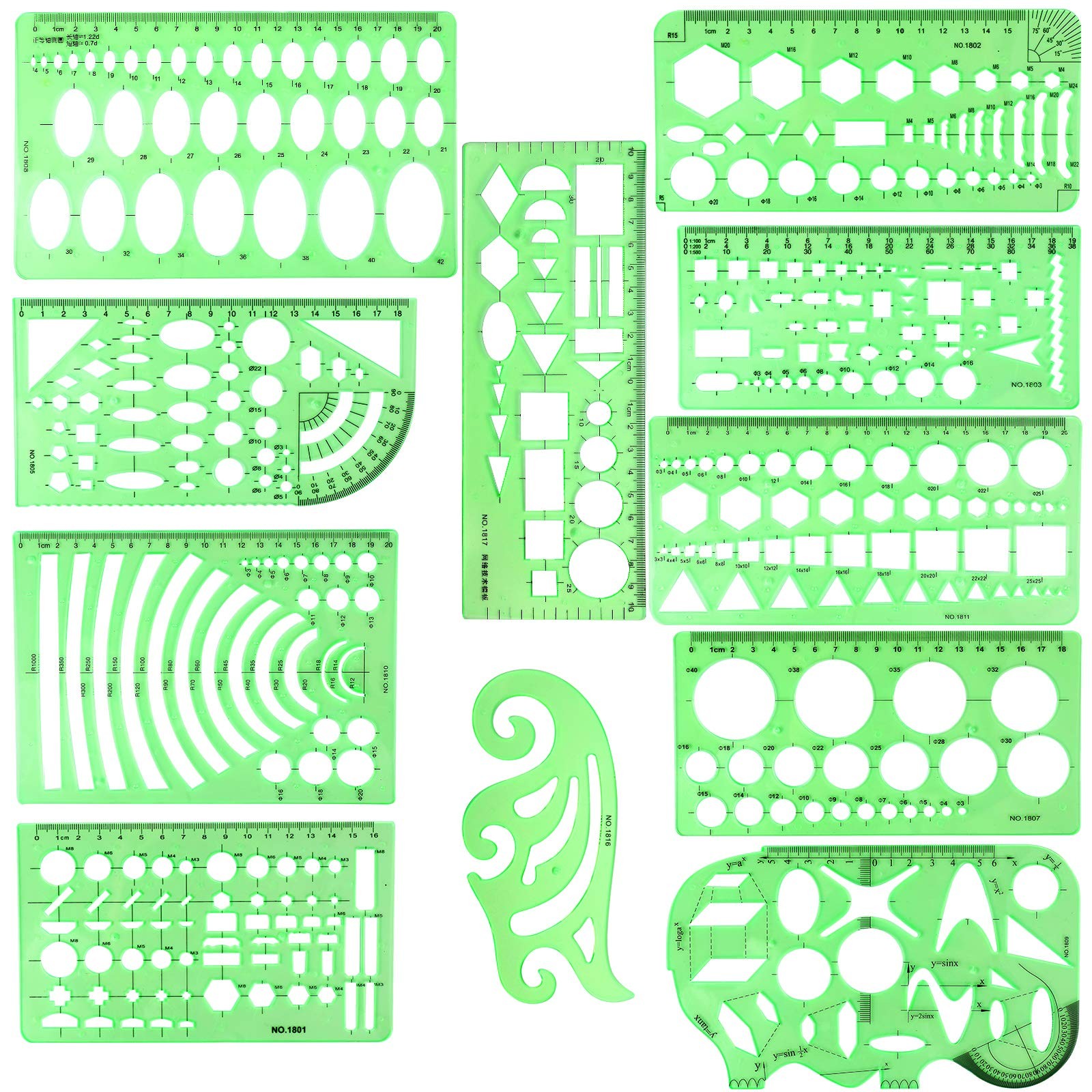 11PCS Geometric Drawings Templates, Drafting Stencils Measuring Tools,...