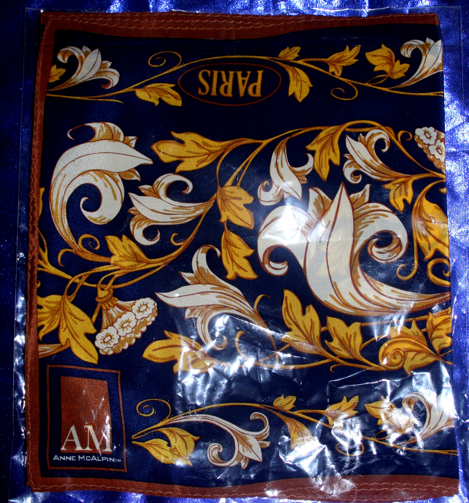 New 100% Silk Scarf "PARIS" 10" x 54" Anne McAlpin ,Blue Yellow, Collection Xlnt