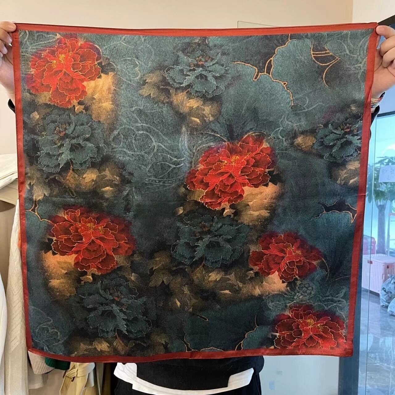 26"X26"Red Peony Print Pure Mulberry Satin Silk 12momme Scarf 65x65cm 6-24