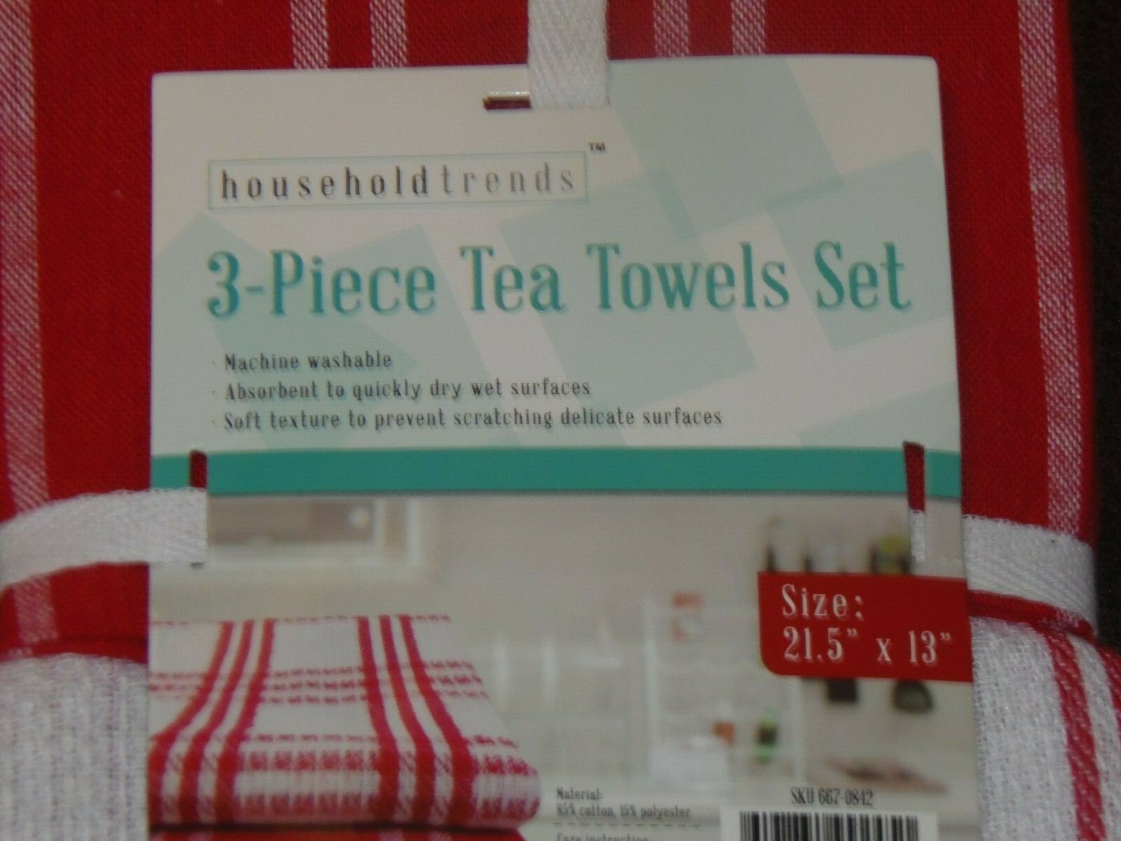 3 Pack HOUSEHOLD TRENDS TEA Towels 21.5" x 13" RED  (RM 7-PO-3)