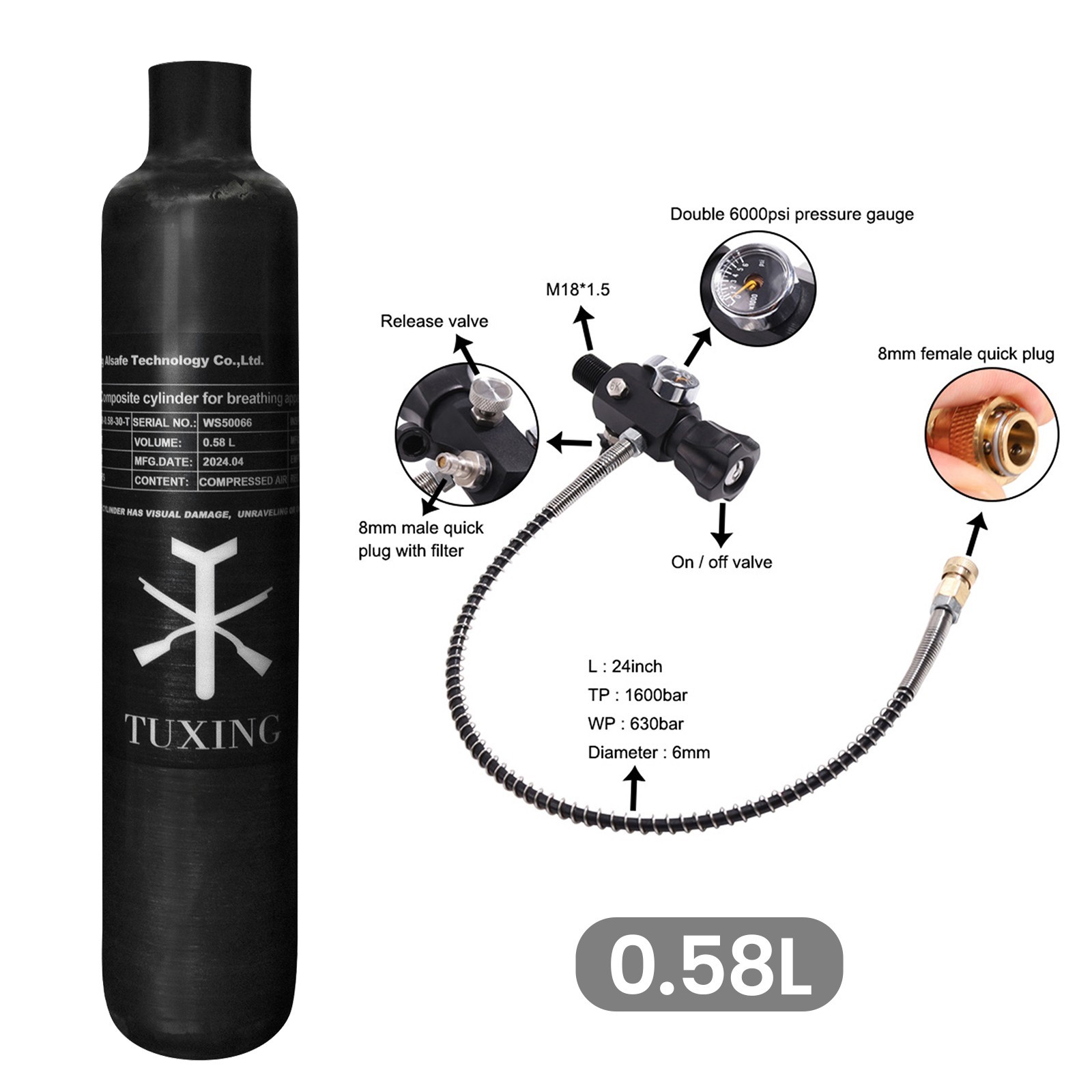 TUXING 4500Psi 0.58L PCP Carbon Fiber Scuba Air Tank with Dual pressure valve