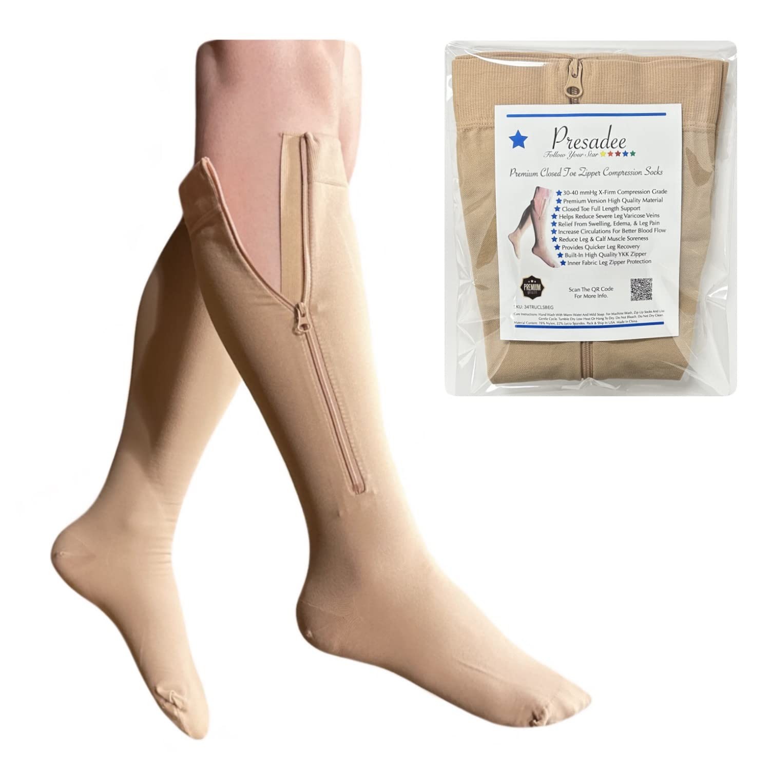 Presadee Closed Toe 30-40 mmHg Extra Firm Zipper Compression Leg 0, Nude