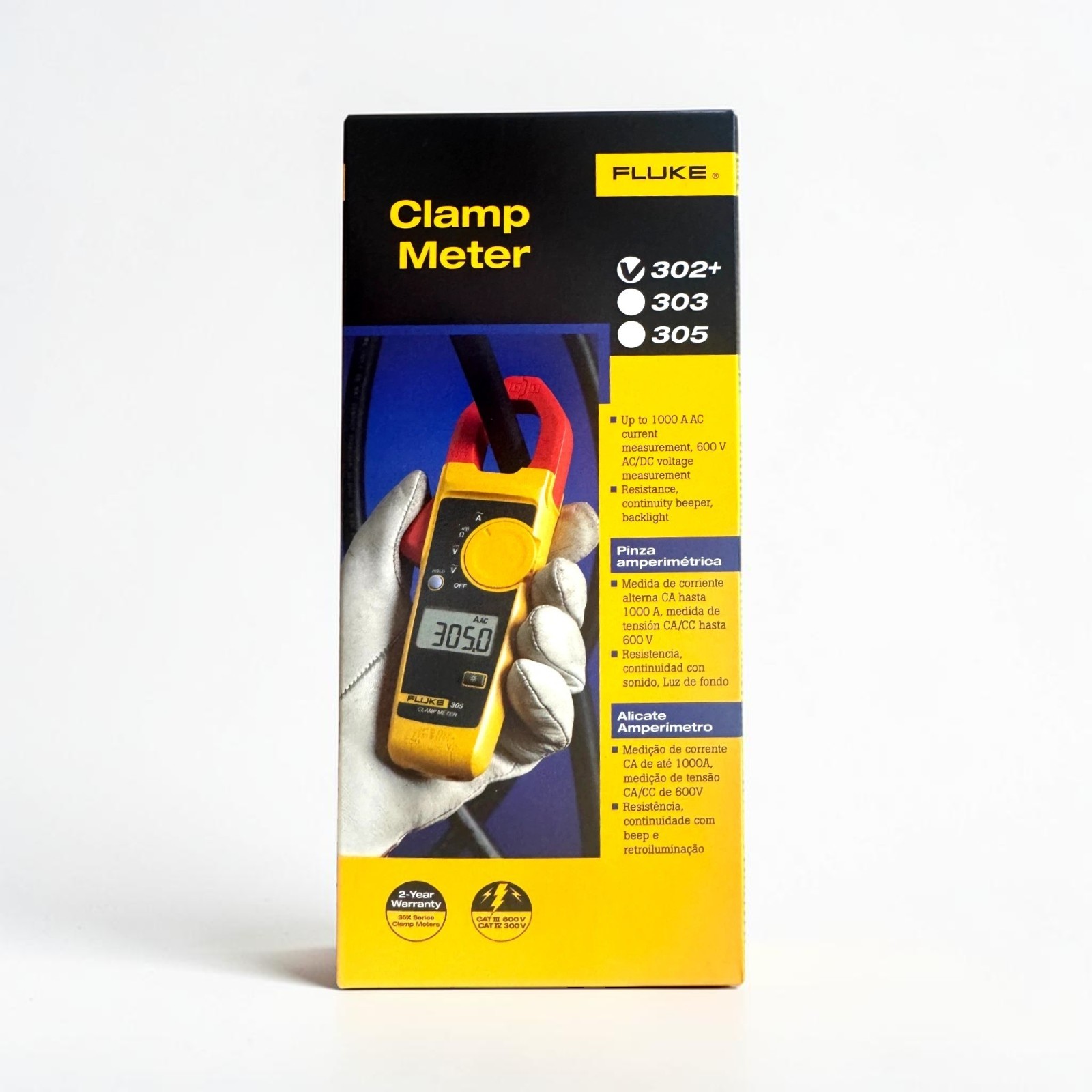 Fluke 302+ Digital Clamp Meter 400A AC Current 600V CAT III Backlit Display