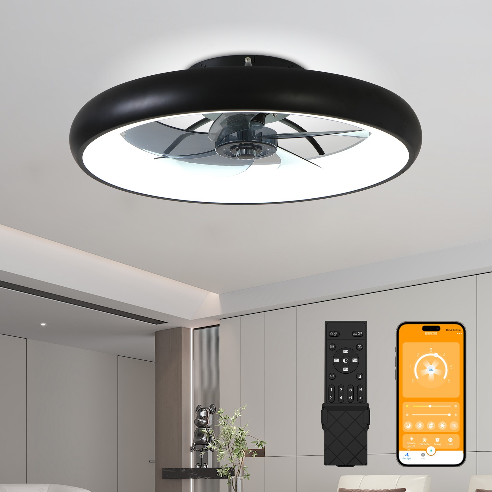 21.7" Ceiling Fan W/Light 6-Speed 3-Color Temp Dimmable Remote APP Control Black