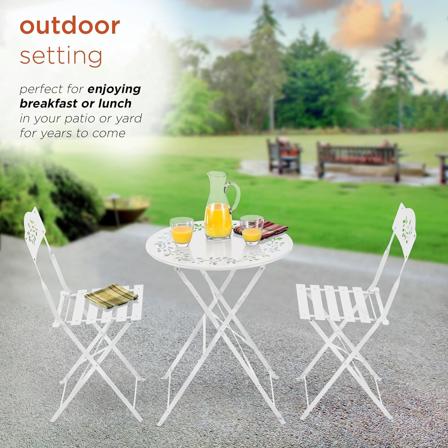 Compact White Bistro Set - 3-Piece Folding Table & Chairs for Stylish Spaces