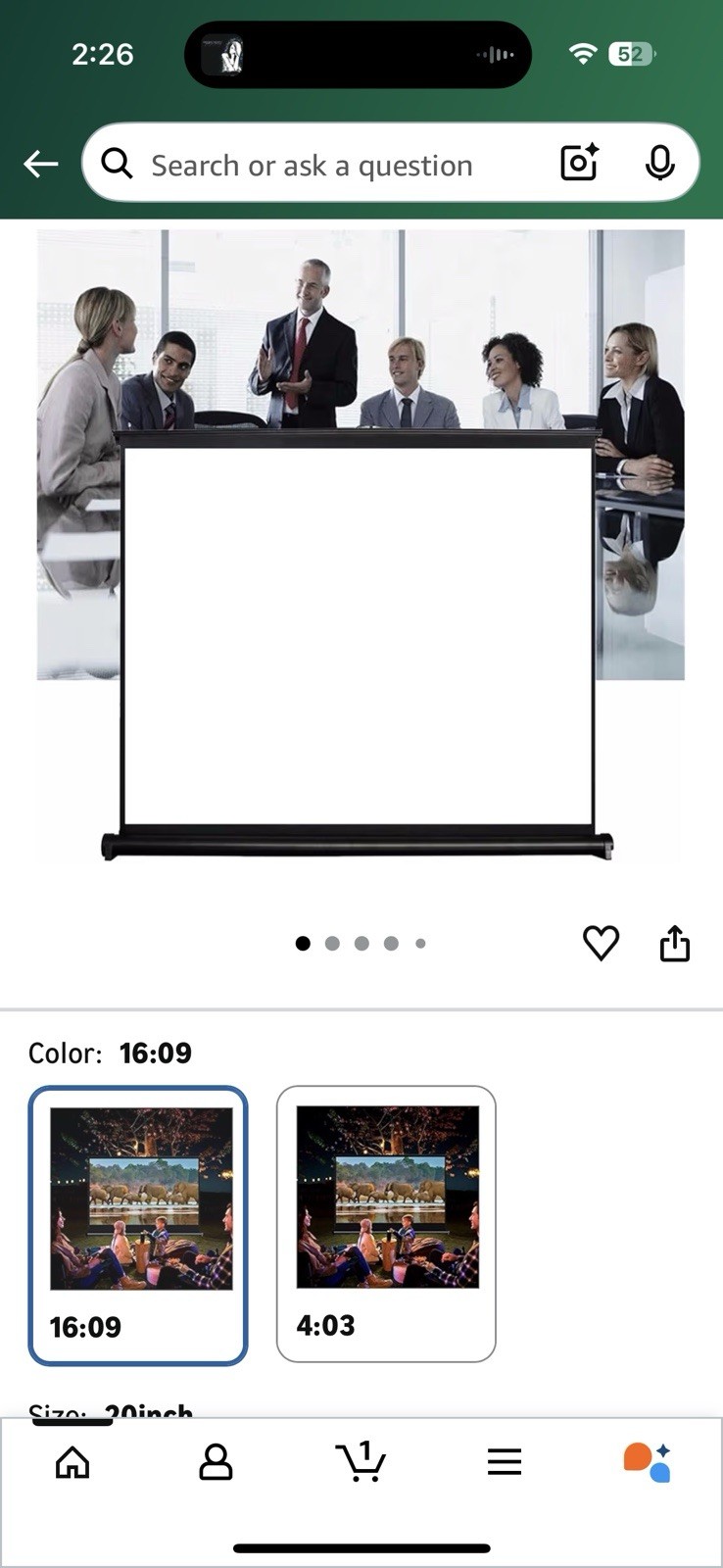 Projector Screen 20 Inch. 16:09