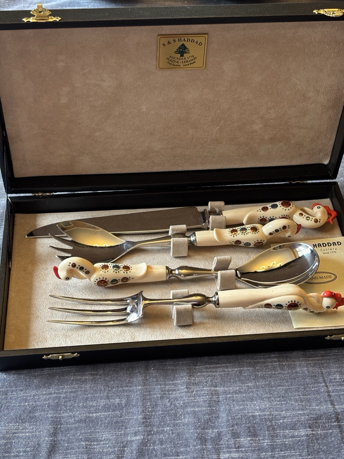 Vintage Jezzine Cutlery Set - S.S. Haddad Lebanon - Handmade Bird Head Handles