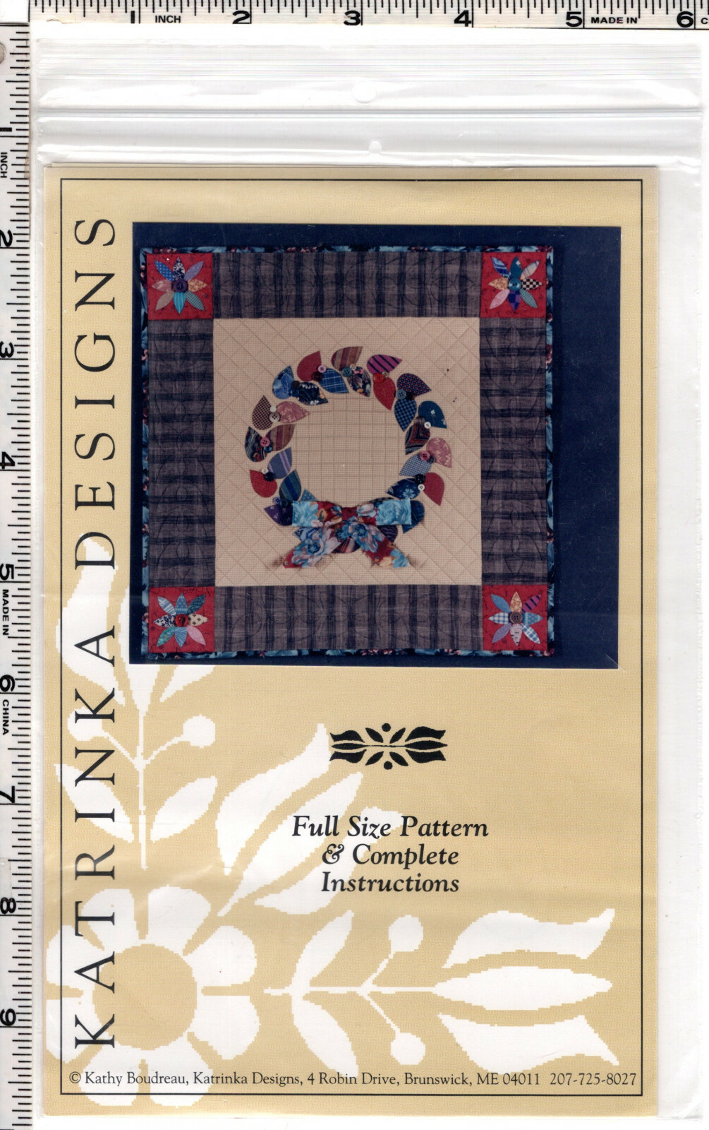 "Button Wreath" Katrinka Designs Quilting Sewing Applique Pattern 24"x24"