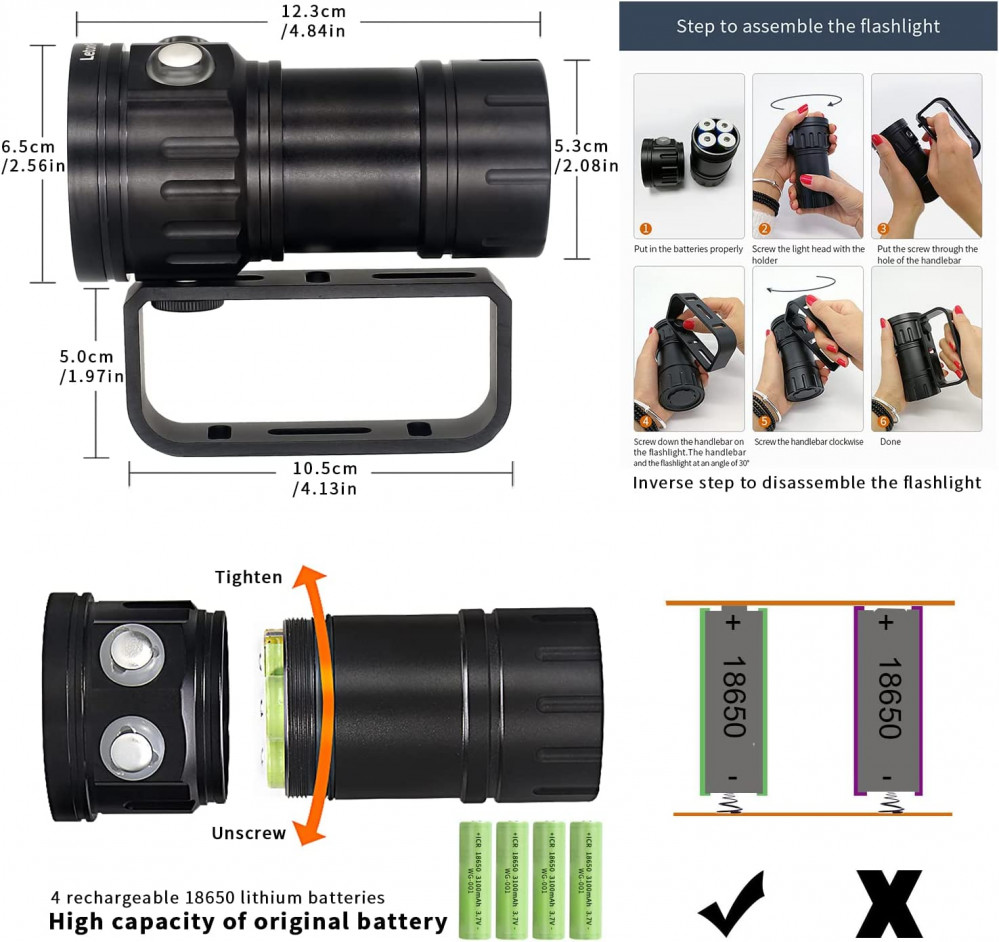 LetonPower Diving Flashlight 22800Lumens Super Bright Light White,red