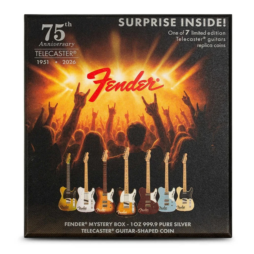 2026 1 oz Silver 75th Anniversary Fender Guitar Shaped Coin Mystery Box
