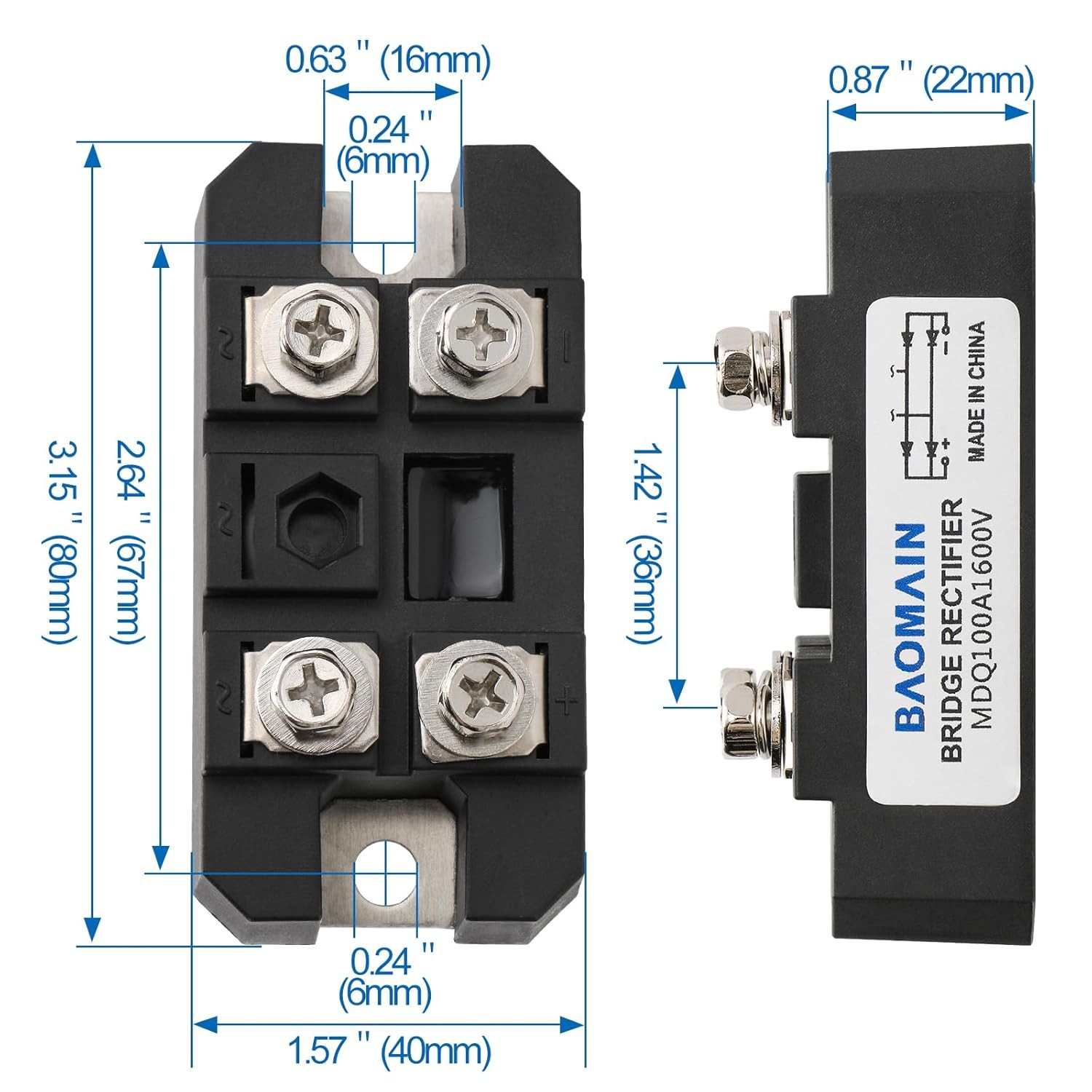 Baomain Bridge Rectifier MDQ-100A 100A 1600V Diode Module with Heat Sinks...