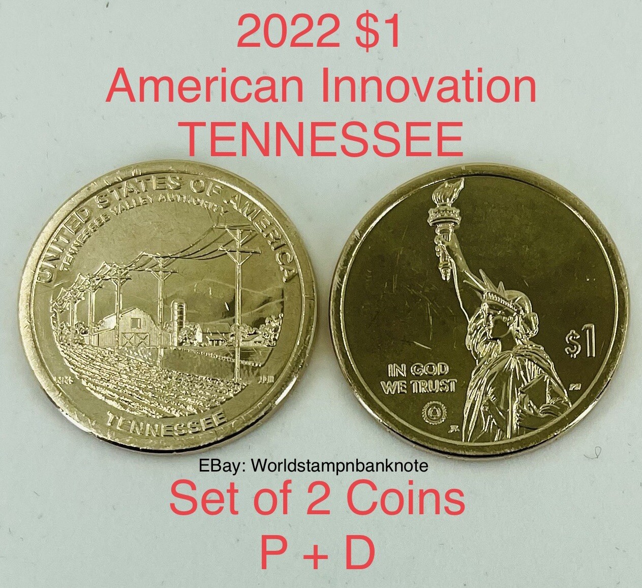 2022 Set Of 2 Coins P+D $1 Coin American Innovation Tennessee Uncirculated.#C413