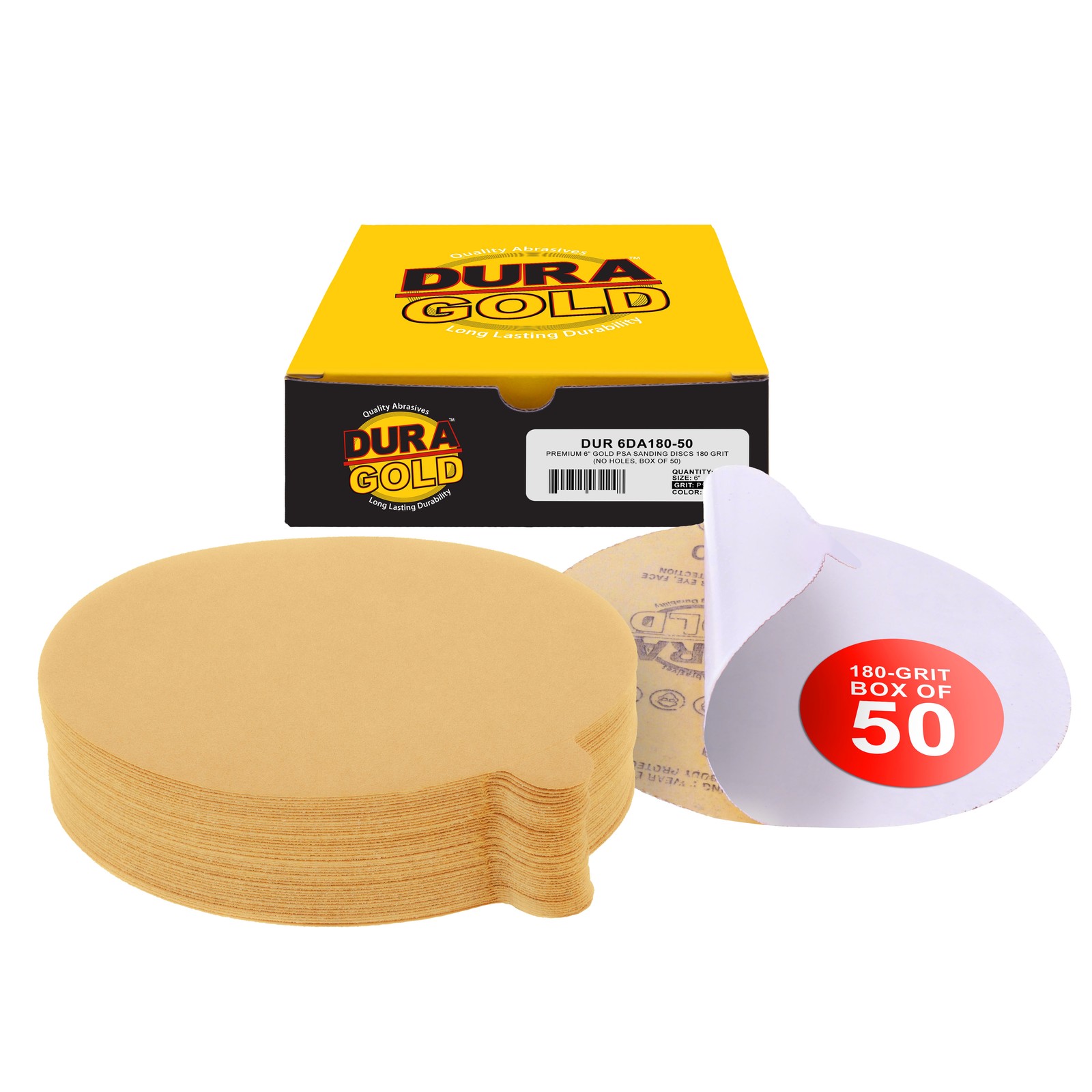 180 Grit 6" Gold PSA Self Adhesive Sanding Discs for DA Sanders - Box of 50