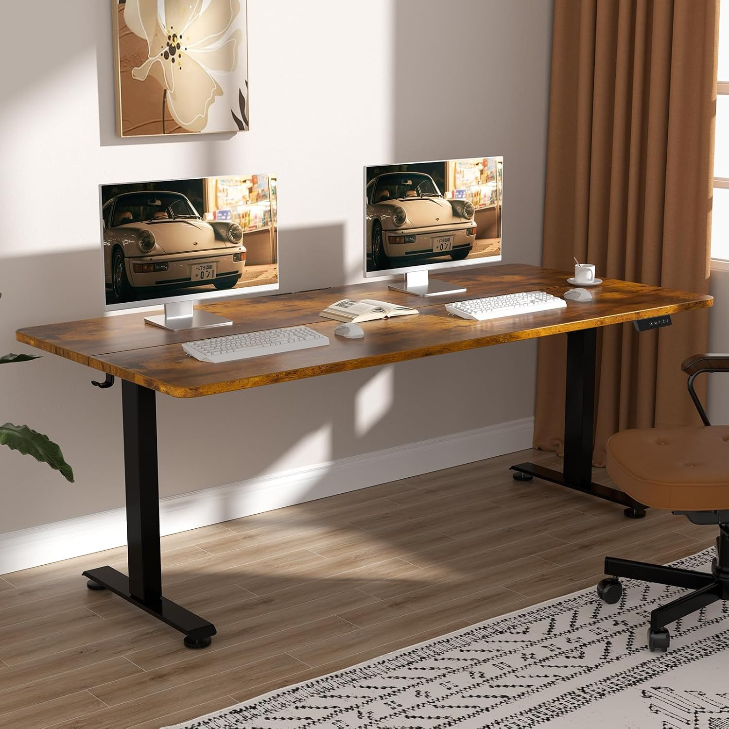 63×27.6 Inch Large Electric Standing Desk, Gaming Table, Brown | Height Adjustab