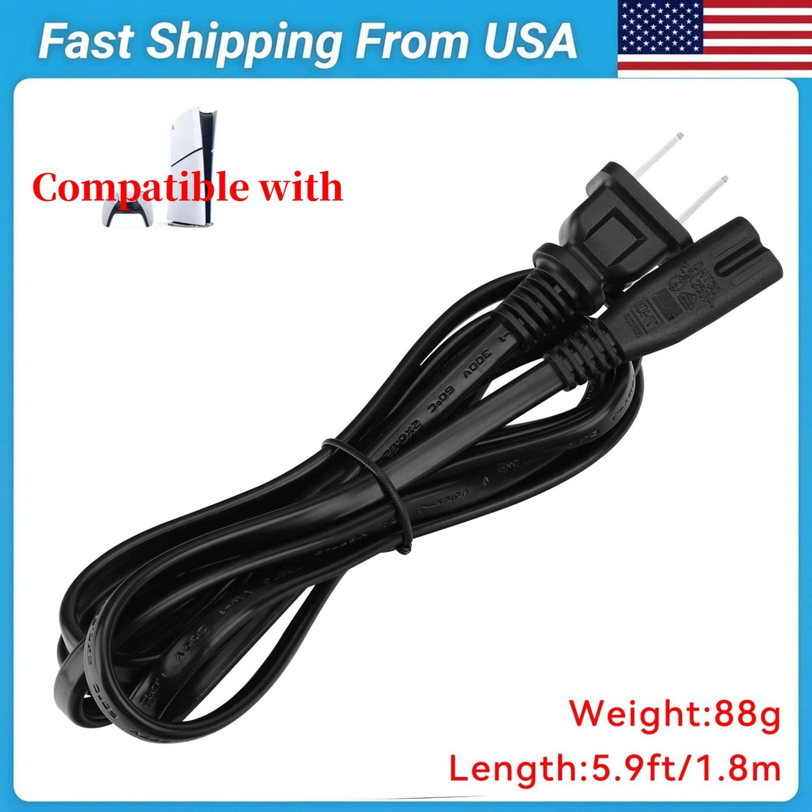 UL 5.8FT AC Power Cord For Sony PS5 PS4 PS3 Slim PlayStation 5 4 3