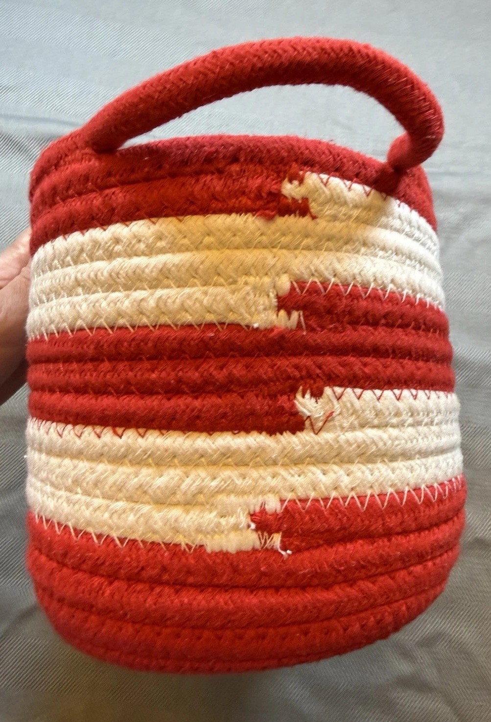 Red And White Striped Cotton Rope Basket
