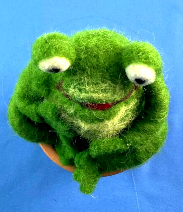 Felted Frog In Flower Pot 5" Tall Spring