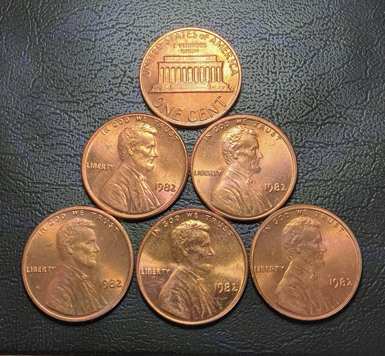 Six 1982 Pennies w/Rim Bur,Die Gouge (extra hair),Die Clash Errors All Different