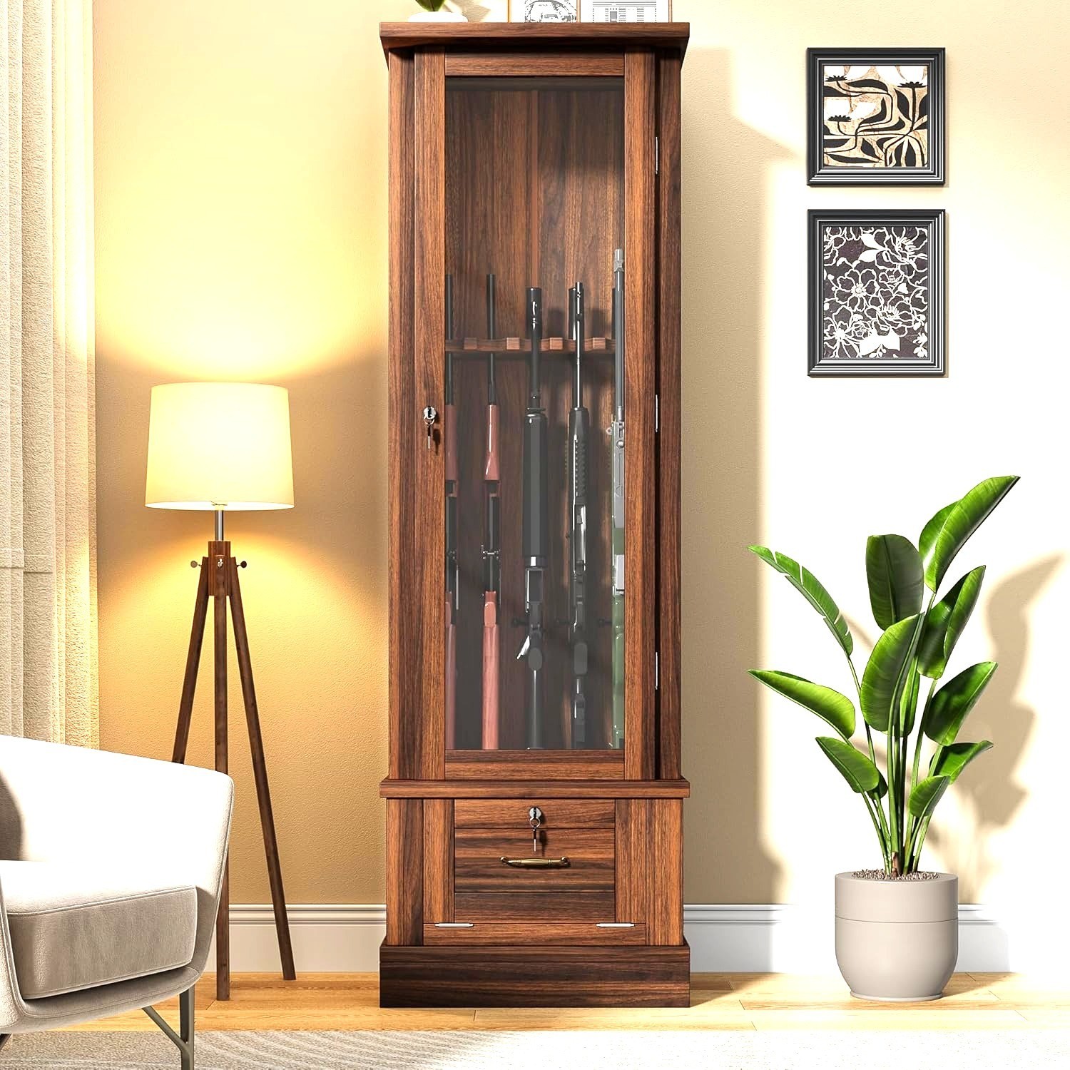 Gun Safe Cabinet 10 Rifles Wood Display Storage Locker Shotgun Pistol Shelf Rack