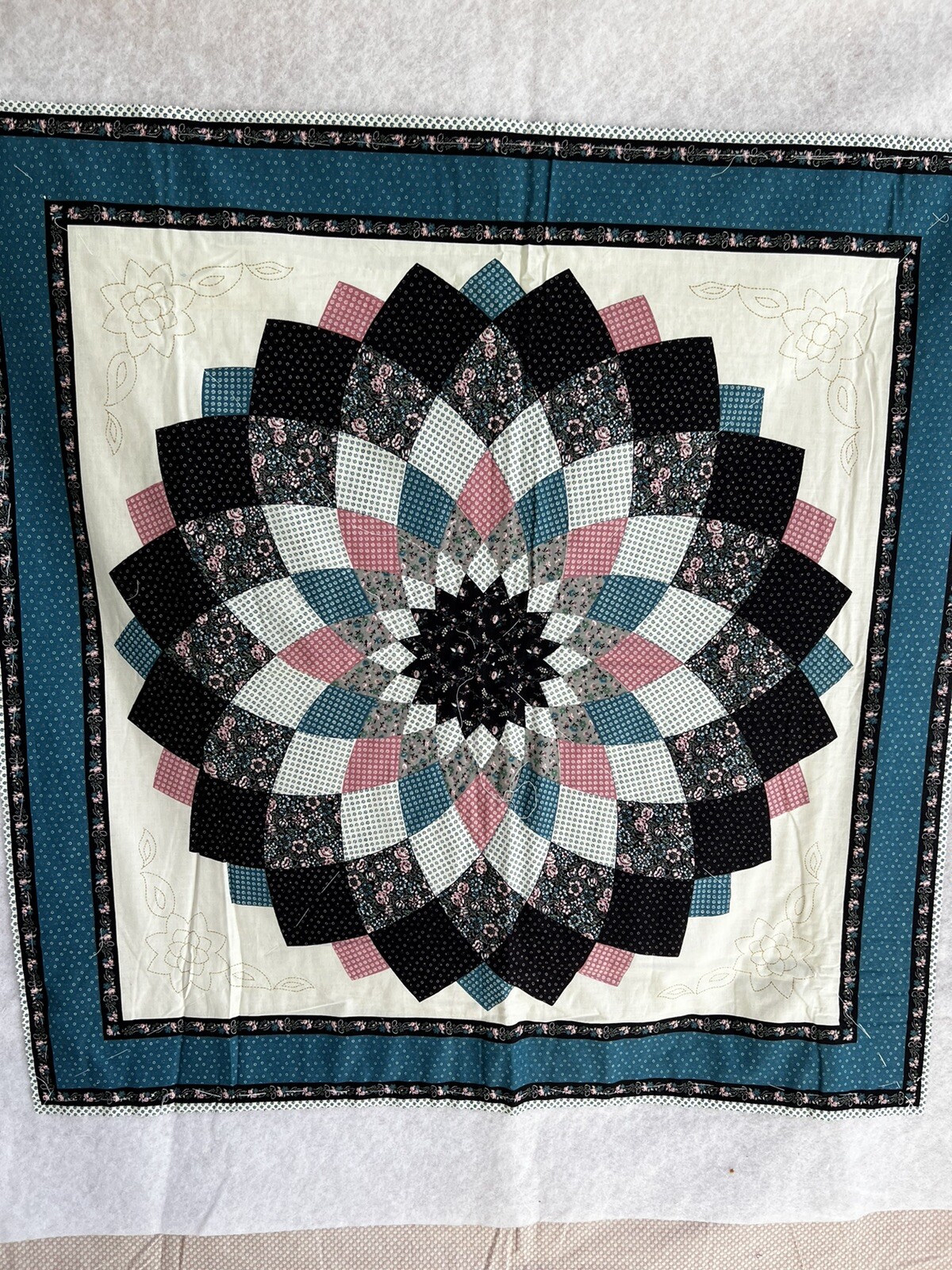 Star Mocked Pieced Quilt Pink, Teal, Light Beige,  Black Pre-Cut/Un Finish 35x35