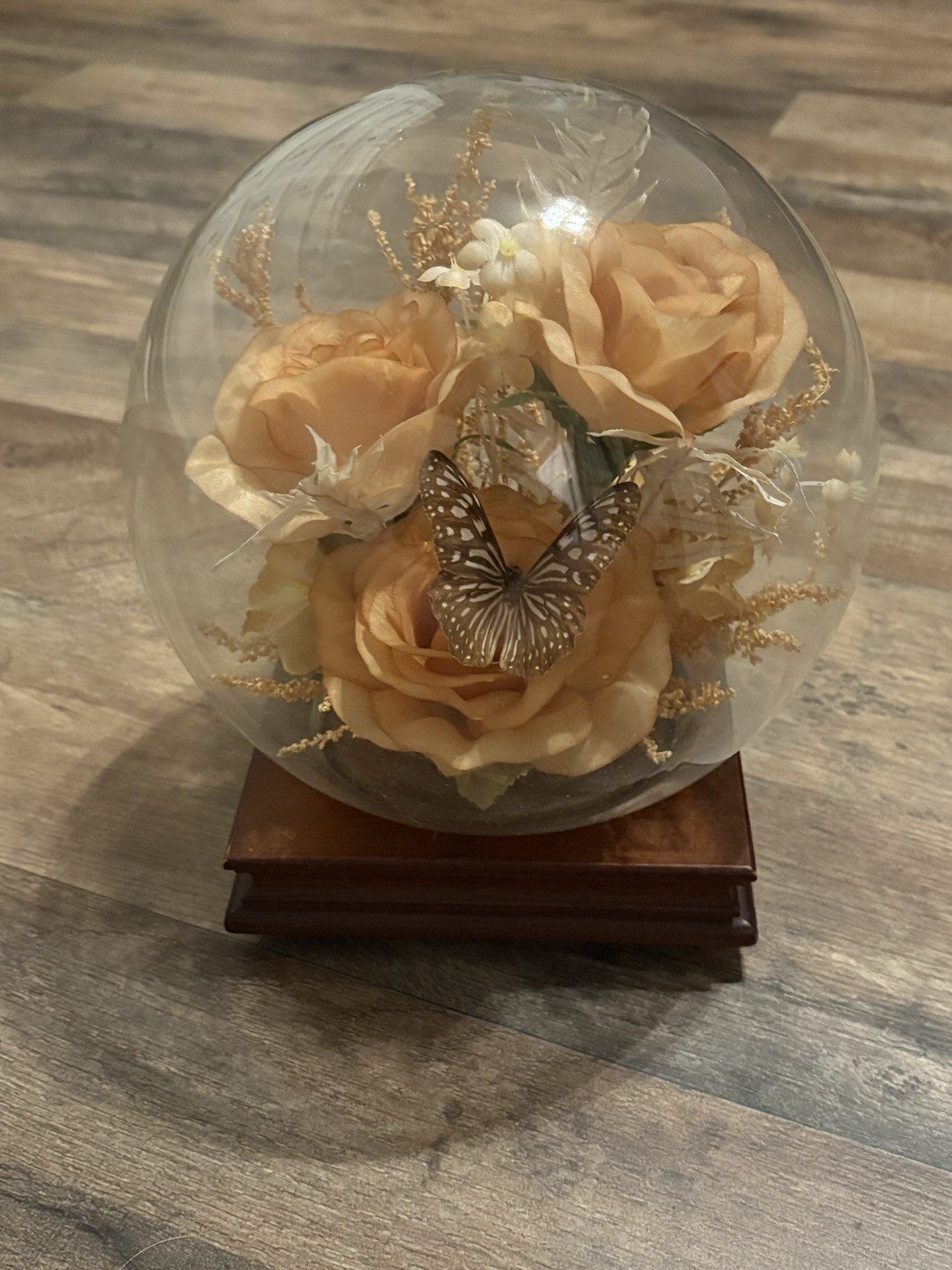 Boho 70s Butterfly Globe Diorama Vintage Decor Pink Silk Flowers on Wood Stand