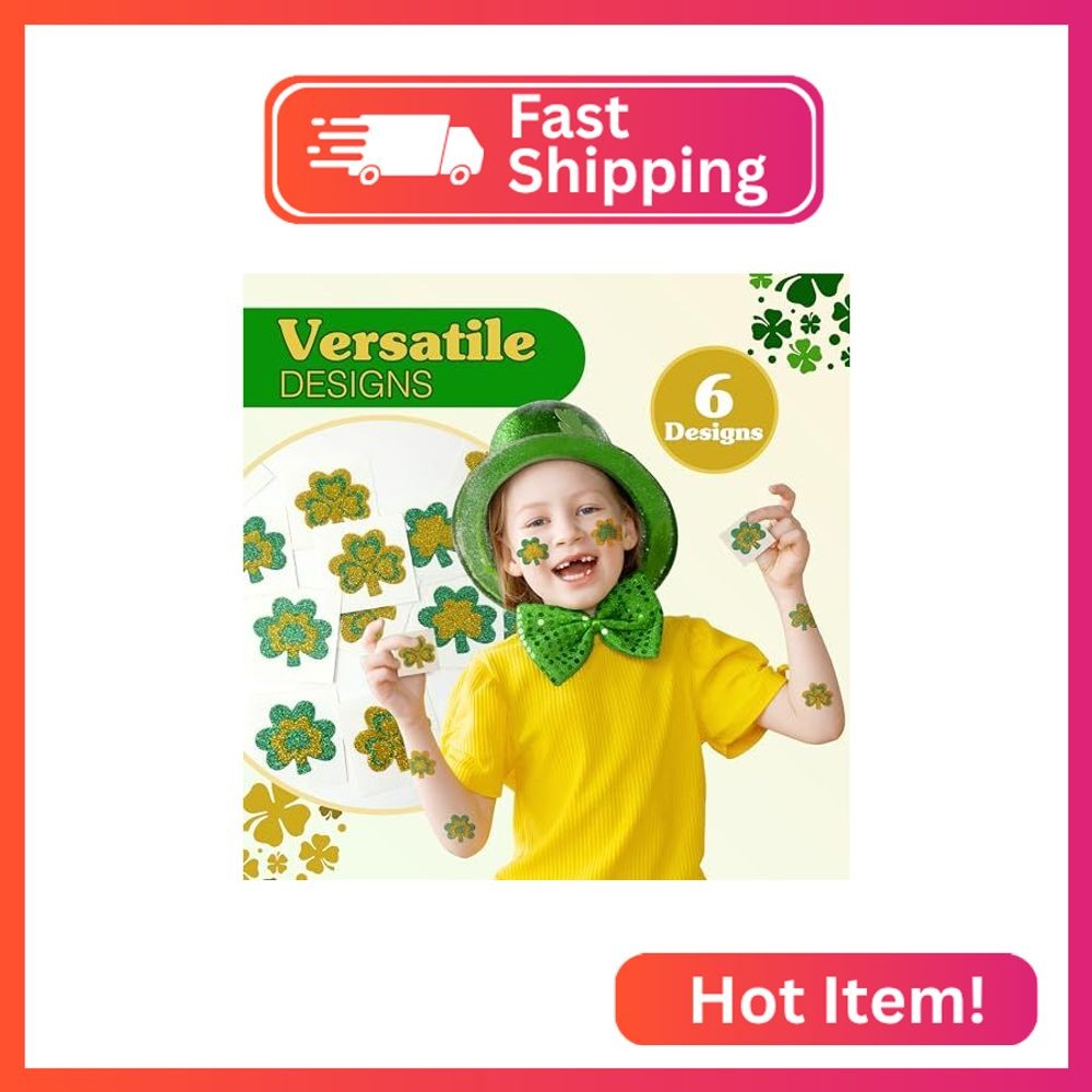 Glitter Shamrock Tempory Tattoos Individually Wrapped Bulk, 24 Pack St Patricks