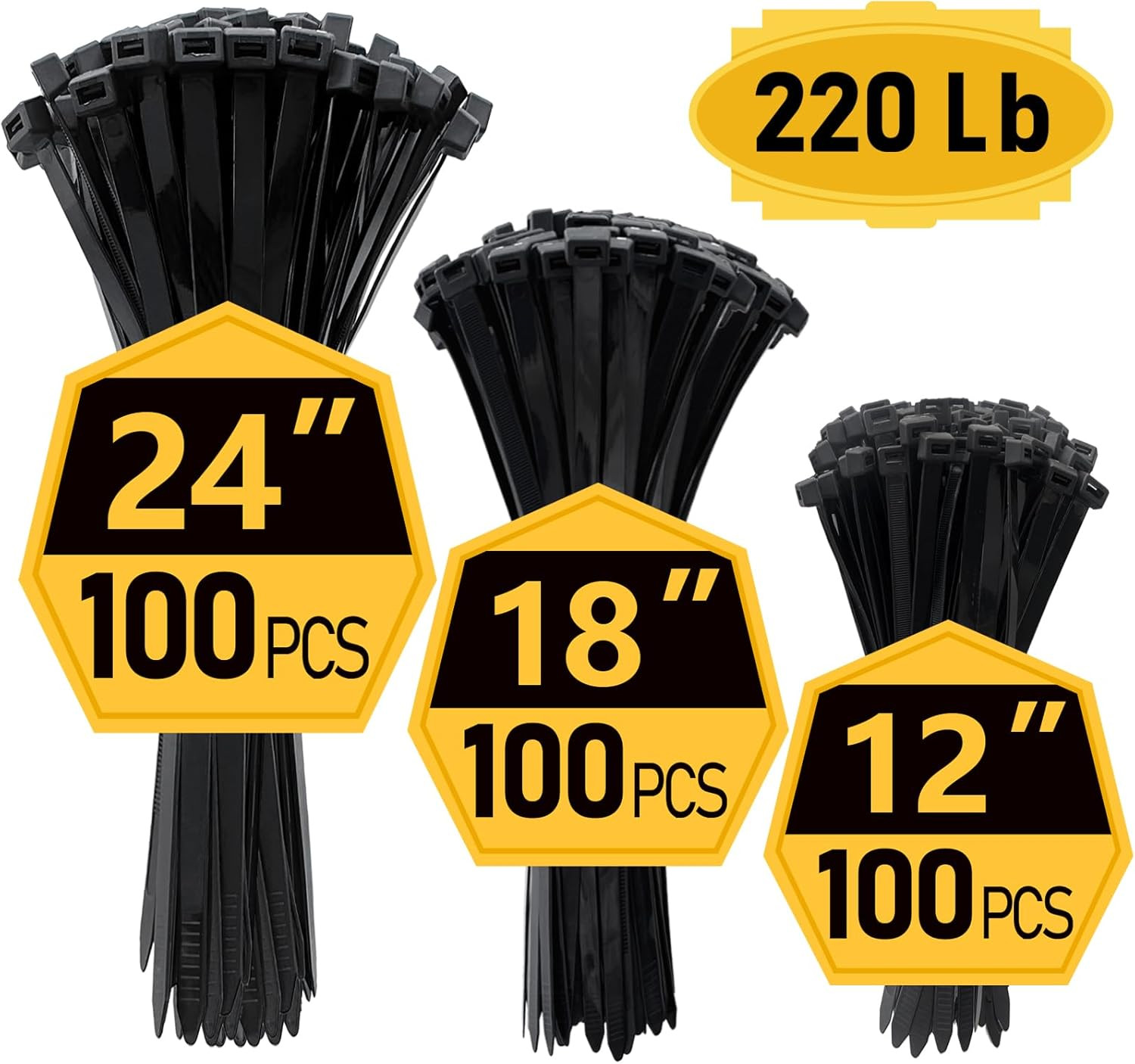 Zip Ties, Zip Ties Heavy Duty, Assorted Sizes (12"+18"+24")-300 Pack, Cable Ties