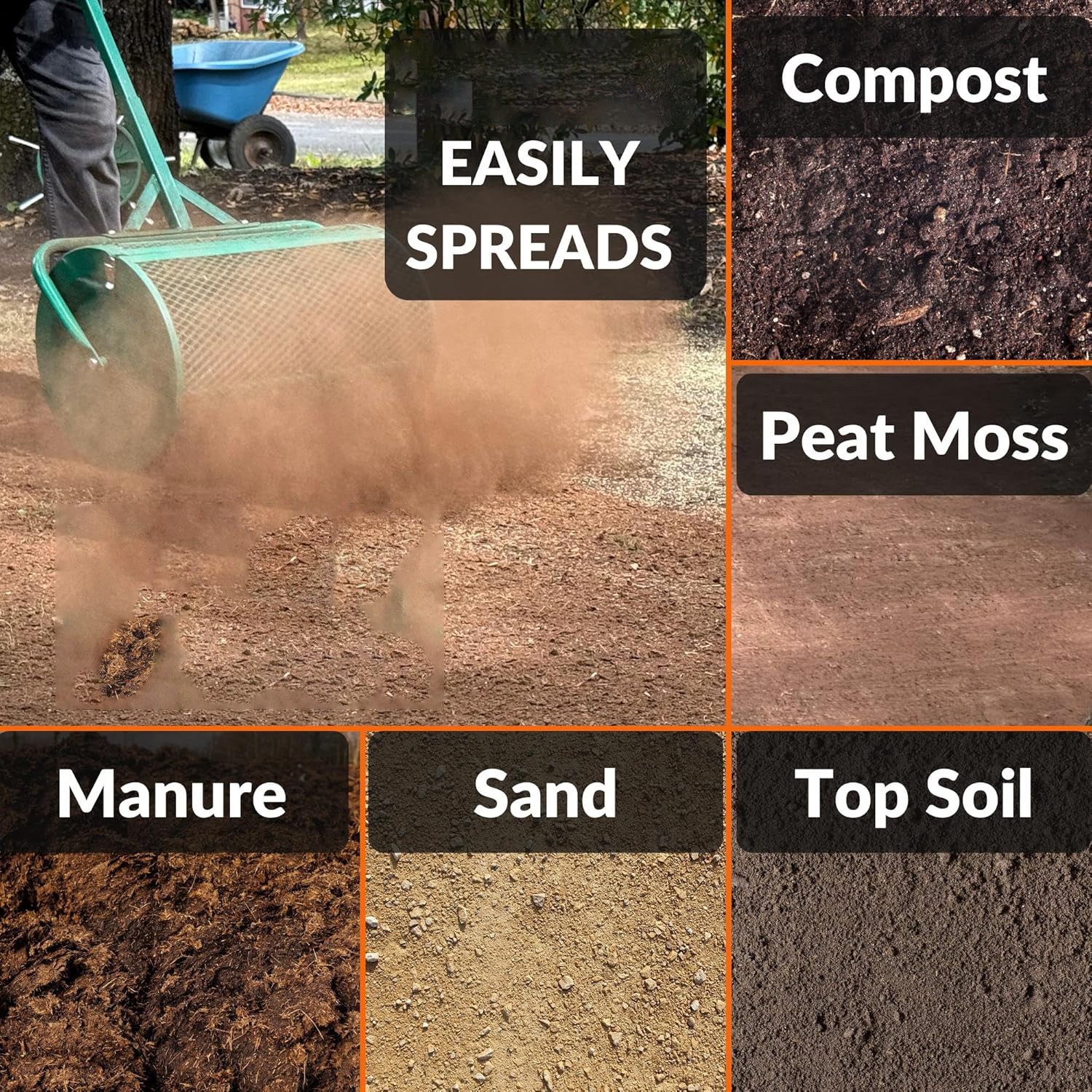 24 Inch Compost and Peat Moss Spreader Roller Dressing Lawn and Garden Spreader