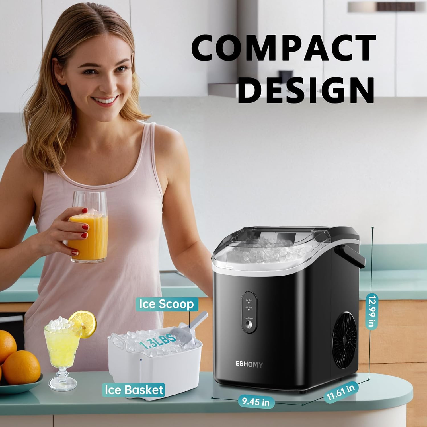 Nugget Ice Maker Countertop with Handle, Ready in 6 Mins, 34Lbs per Day, Removab
