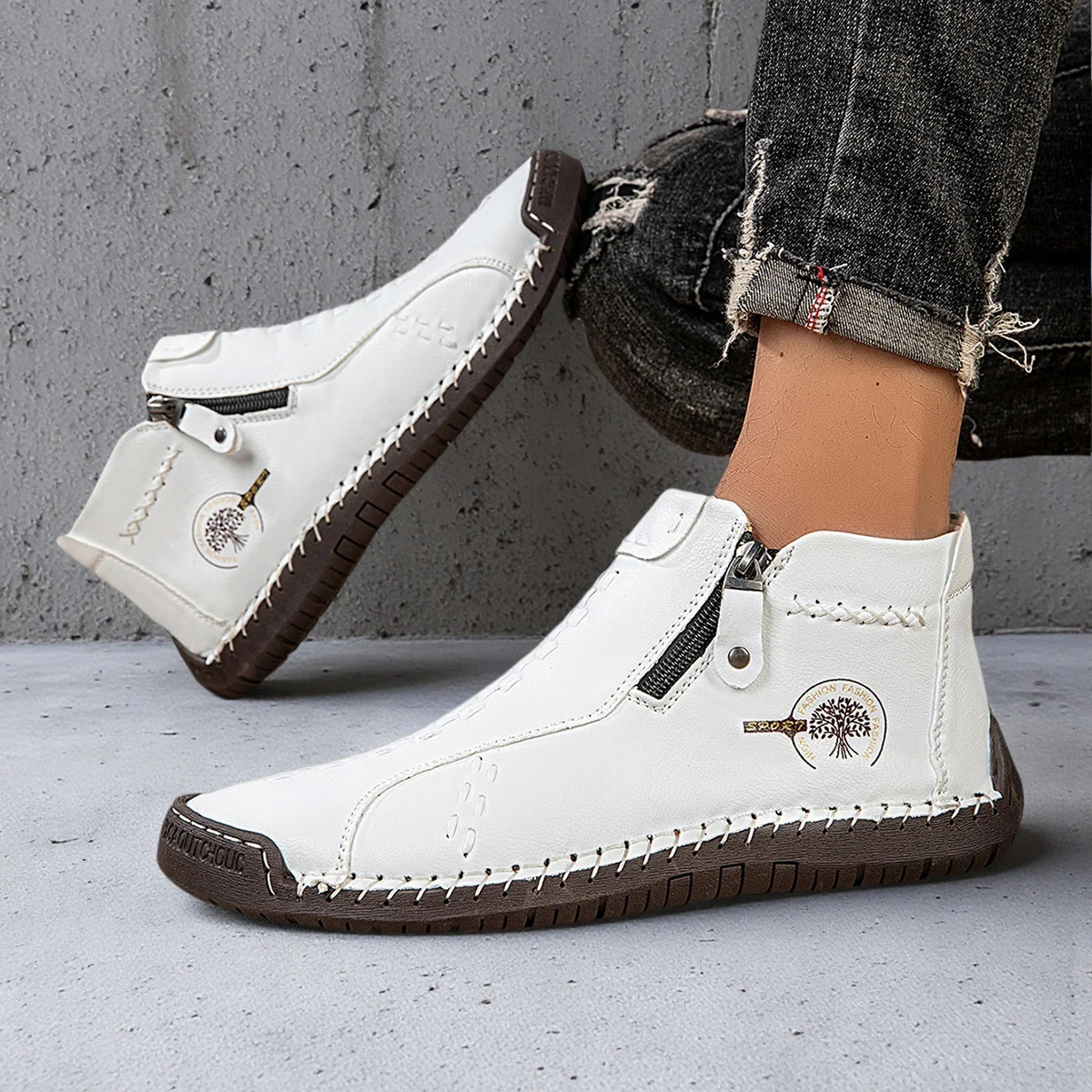 Handmade Leather Shoes Casual Men's Zipper Loafers Ankle Boots Cycling Sneakers