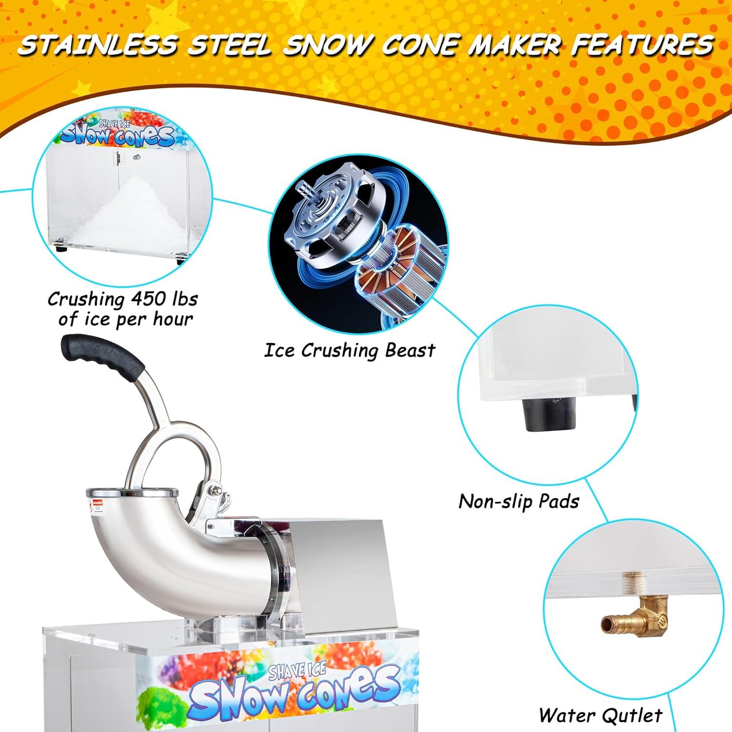 Commercial Snow Cone Machine, Heavy Duty Electric Ice Shaver Shaved Ice Maker