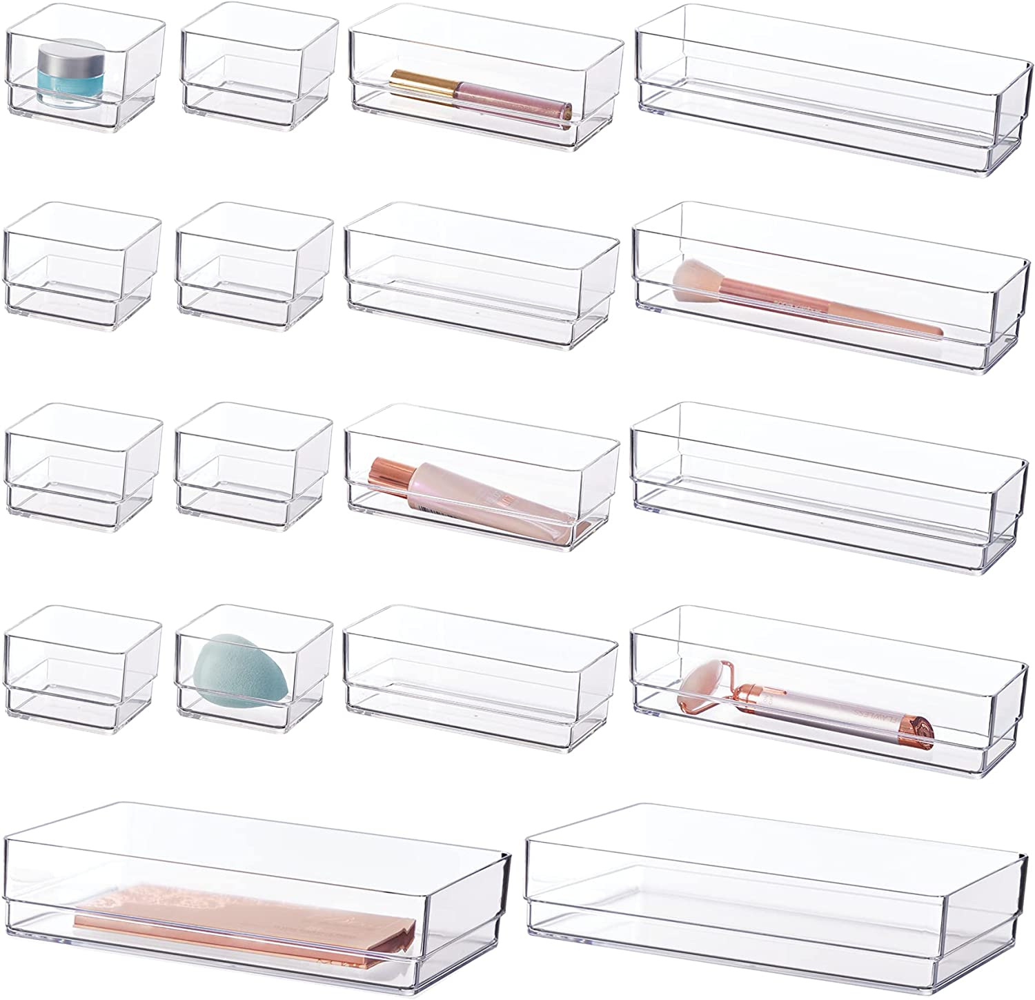 Simplesort 18-Piece Stackable Clear Drawer Organizer Set | Multi-Size Trays | Ma