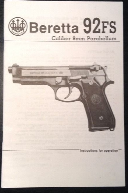 Beretta 92FS Caliber 9mm Parabellum Pistol Gun Instruction and Parts Manual
