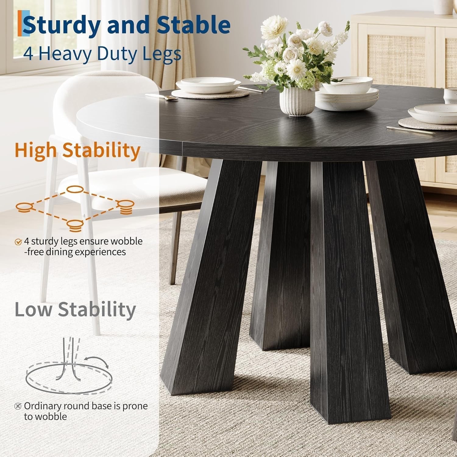 47" Round Dining Table 4-6 Wood Kitchen Table W/ Sturdy Base Farmhouse Circle