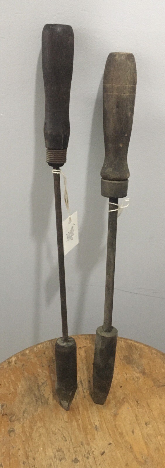 2 Antique Wood Handled Primitive Brass Soldering Irons Tools