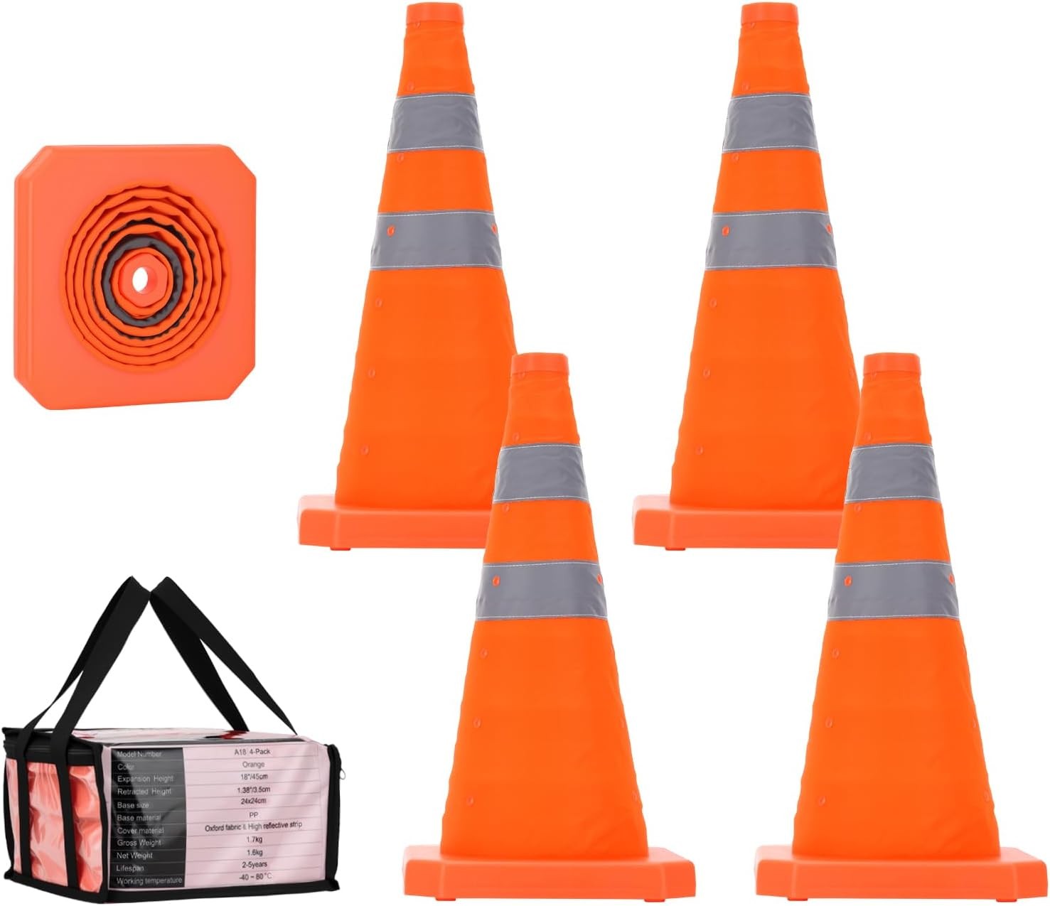 4Pcs 18''Collapsible Traffic Safety Cones with Reflective Collar for Road Safety
