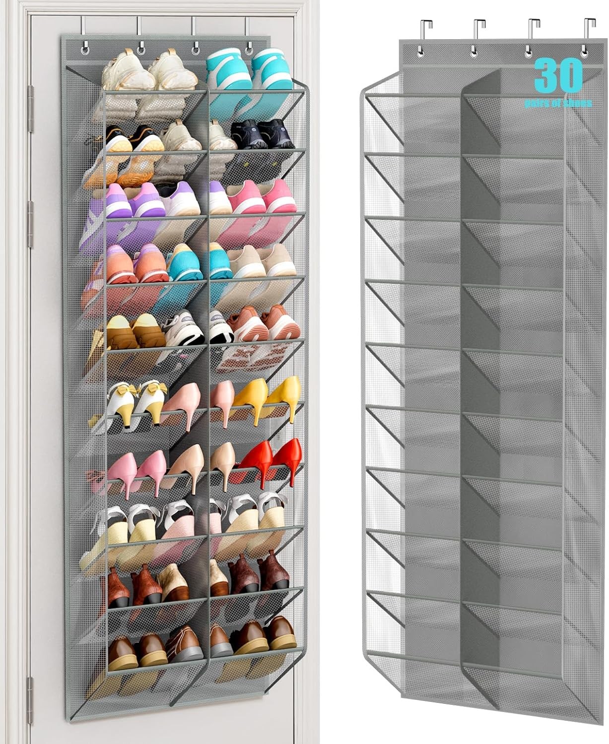 30 Pairs Over the Door Shoe Organizer Breathable Mesh Hanging Shoe Rack Closet